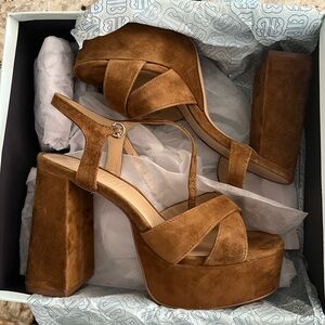 Anthropologie Bibi Lou Cross-Strap Platform Sandal Brown Suede